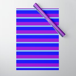 [ Thumbnail: Blue, Dark Violet, and Sky Blue Colored Striped/Lined Pattern Wrapping Paper ]