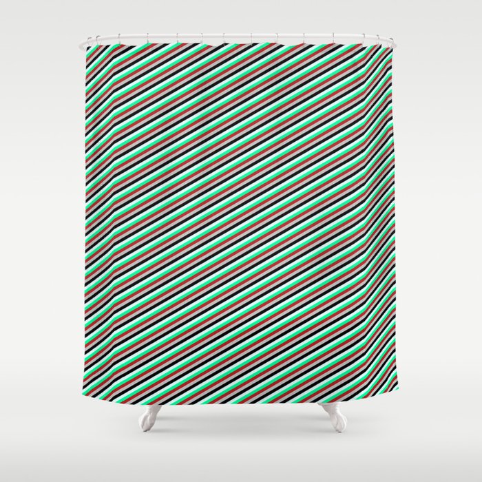 Vibrant Light Cyan, Green, Red, Grey, and Black Colored Lines Pattern Shower Curtain