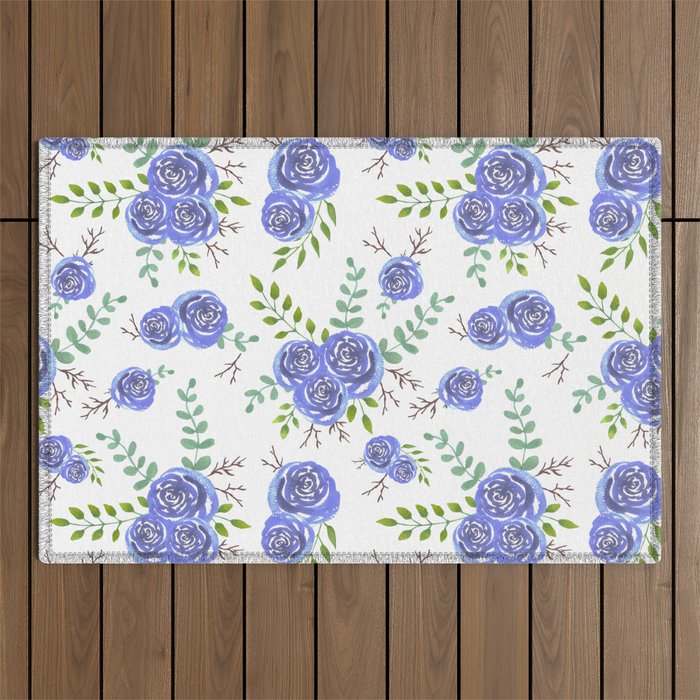 Mystical Blue watercolor roses with leaves and twigs Outdoor Rug