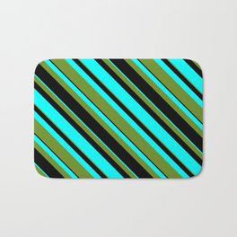 [ Thumbnail: Green, Black, and Aqua Colored Lined Pattern Bath Mat ]