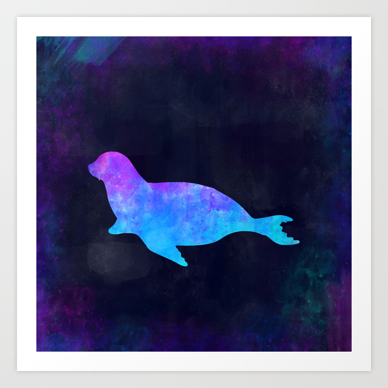 Seal In Space Animal Graphic Art Watercolor Canvas Painting