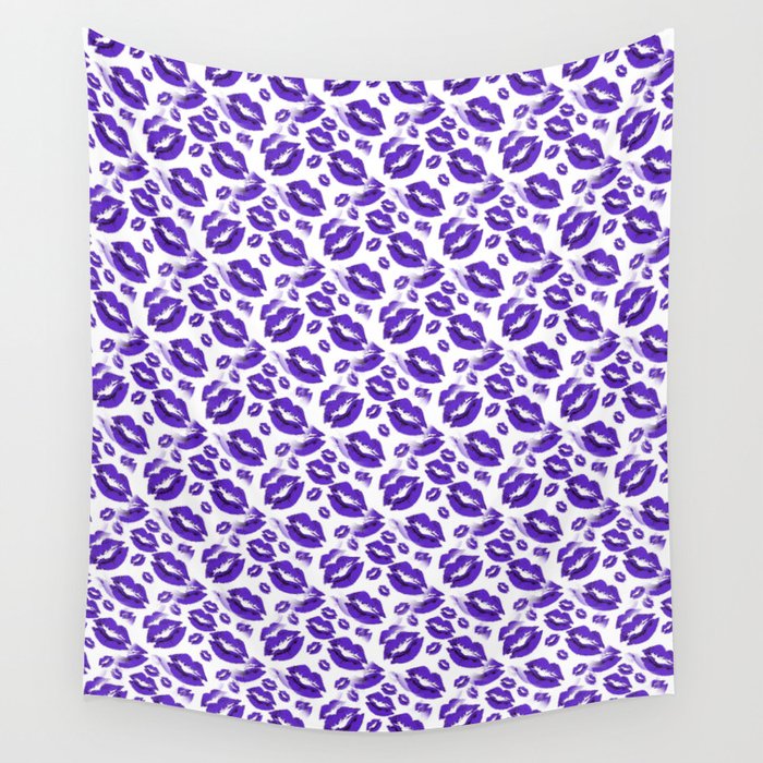 Two Kisses Collided Midnight Blue Lips Pattern On White Background Wall Tapestry