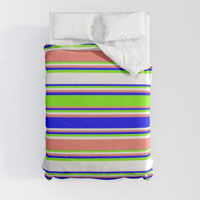 Blue, Green, White, and Salmon Colored Lined Pattern Duvet Cover