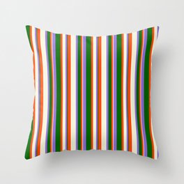 [ Thumbnail: Purple, Dark Green, Red & Beige Colored Pattern of Stripes Throw Pillow ]