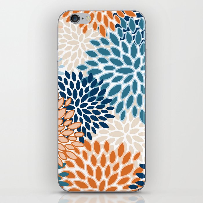 Floral Blooms, Teal, ;Blue, Orange iPhone Skin