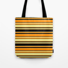 [ Thumbnail: Dark Orange, Black, and Tan Colored Lines Pattern Tote Bag ]