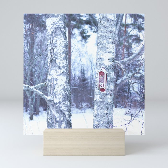 Red Bird House in Winter White Scene #decor #society6 #buyart Mini Art Print