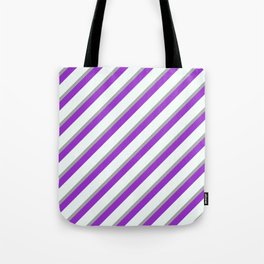 [ Thumbnail: Dark Gray, Dark Orchid, and Mint Cream Colored Lined/Striped Pattern Tote Bag ]