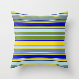 [ Thumbnail: Colorful Powder Blue, Green, Yellow, Slate Gray & Blue Colored Striped Pattern Throw Pillow ]