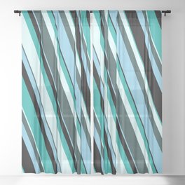 [ Thumbnail: Light Sea Green, Light Cyan, Dark Slate Gray, Sky Blue, and Black Colored Striped/Lined Pattern Sheer Curtain ]