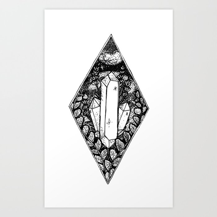 Crystal Cluster Fern and moon witchy art Art Print