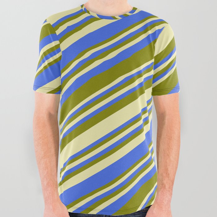 Pale Goldenrod, Royal Blue, and Green Colored Lined Pattern All Over Graphic Tee