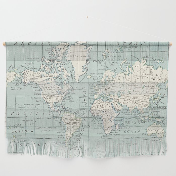 World Map in Blue and Cream Wall Hanging