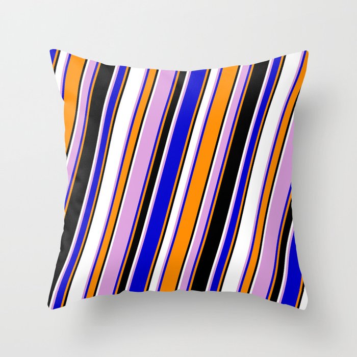 Eye-catching Plum, Blue, Dark Orange, Black & White Colored Stripes/Lines Pattern Throw Pillow