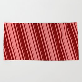 [ Thumbnail: Light Coral & Maroon Colored Stripes Pattern Beach Towel ]
