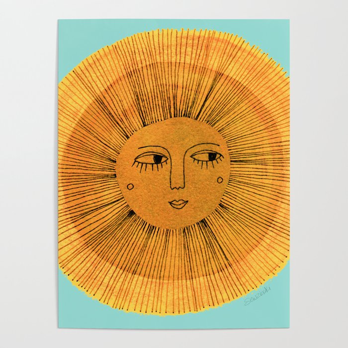 Sun Drawing Gold and Blue Poster