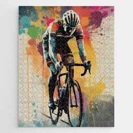 Lone Road Cyclist Abstract Watercolor Jigsaw Puzzle