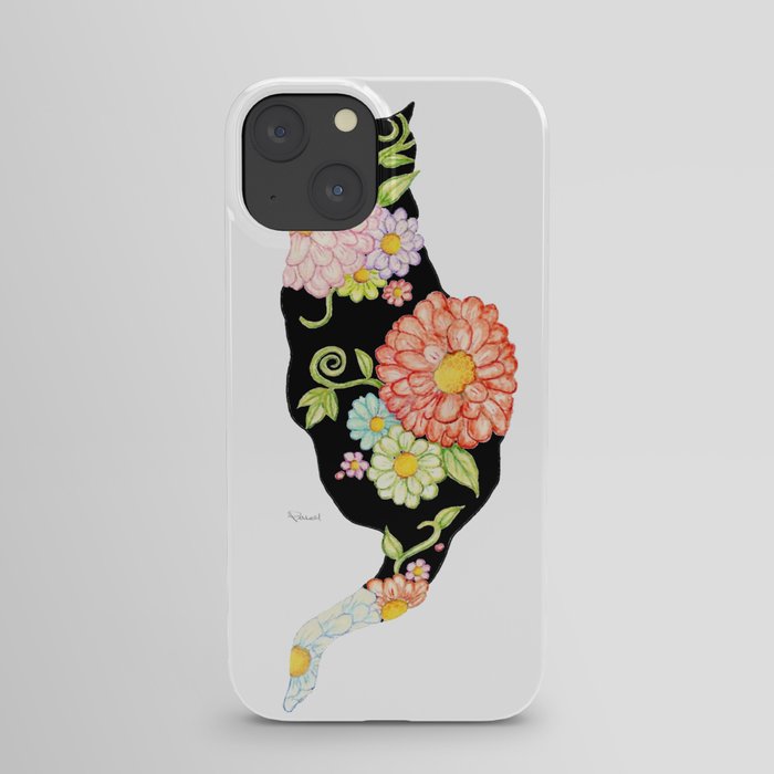 Exotic Floral Black Cat Silhouette iPhone Case
