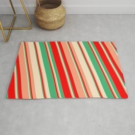 [ Thumbnail: Red, Sea Green, Bisque & Light Salmon Colored Lines/Stripes Pattern Rug ]