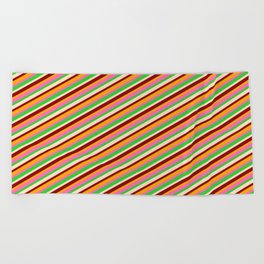 [ Thumbnail: Vibrant Hot Pink, Lime Green, Bisque, Dark Red & Orange Colored Lined Pattern Beach Towel ]