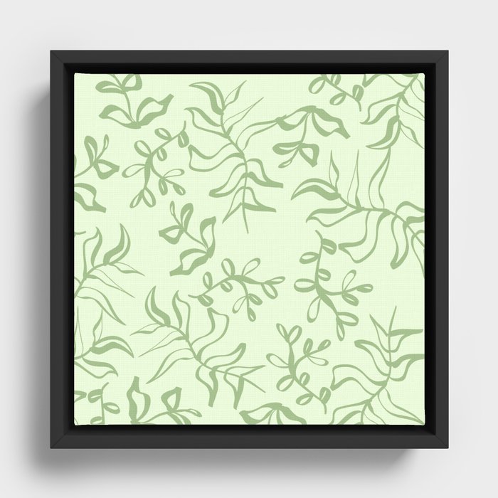 Light Green Leaves Line Art Framed Canvas