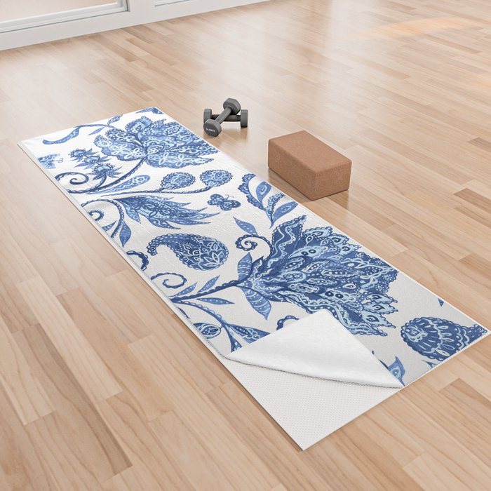 Elegant Oriental Pastel Paisley Blue & White Floral Yoga Towel