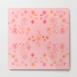 Summer dream flower bed - orange and cerise on rose Metal Print | Graphicdesign, Garden, Coral, Happy, Ink, Gardening, Girly, Flowers, Naive, Pattern 