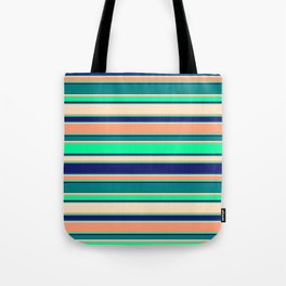 [ Thumbnail: Vibrant Light Salmon, Green, Midnight Blue, Teal, and Bisque Colored Pattern of Stripes Tote Bag ]
