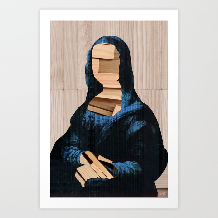 Mona Lisa - blue shining WoodCut Collage 2 Art Print