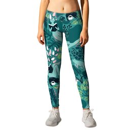 Reading girls among the plants with cats Leggings | Begonia, Tea, Pattern, Botanical, Cat, Book, Women, Tropical, Summer, Leaves 