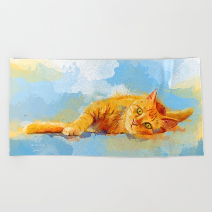 Cat Dream - orange tabby cat painting Beach Towel