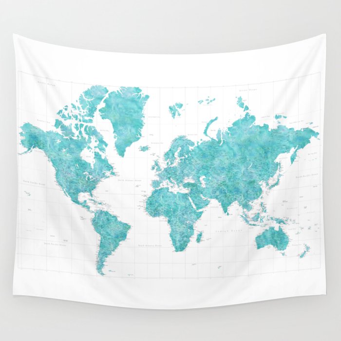 Highly detailed watercolor world map in aquamarine Wall Tapestry