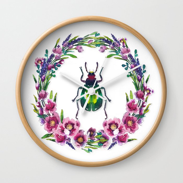 Colourful Beetle with flower wreath Wall Clock