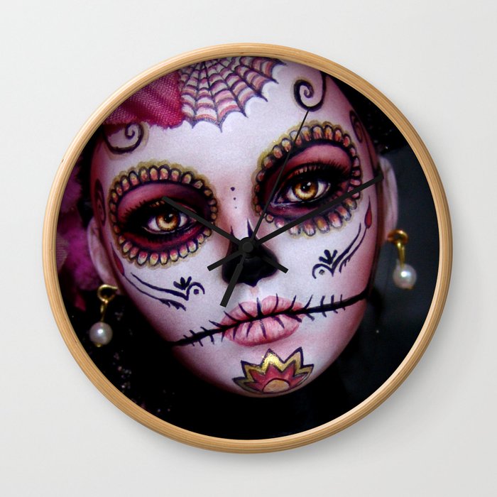 Mexican Hibiscus Day of the Dead Skull Wall Clock