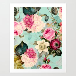 Vintage & Shabby Chic - Summer Teal Roses Flower Garden Art Print