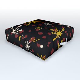 Gold, White, Red Snowflakes Pattern On Midnight Black Outdoor Floor Cushion | Redsnowflakes, Dec02, Yellowsnowflakes, Goldsnowflakes, Snowflakespattern, Graphicdesign, Xmassnowflakes, Christmaspattern 