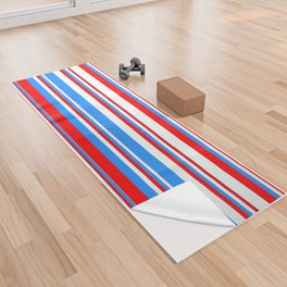 [ Thumbnail: Blue, Red & Mint Cream Colored Stripes Pattern Yoga Towel ]