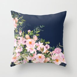 Floral Watercolor, Roses, Navy Blue and Pink, Vintage Art Throw Pillow