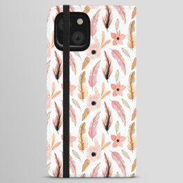 Watercolor Pink Feathers And Flowers Collection iPhone Wallet Case