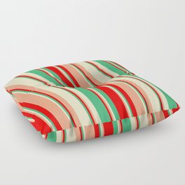 [ Thumbnail: Red, Sea Green, Bisque & Light Salmon Colored Lines/Stripes Pattern Floor Pillow ]