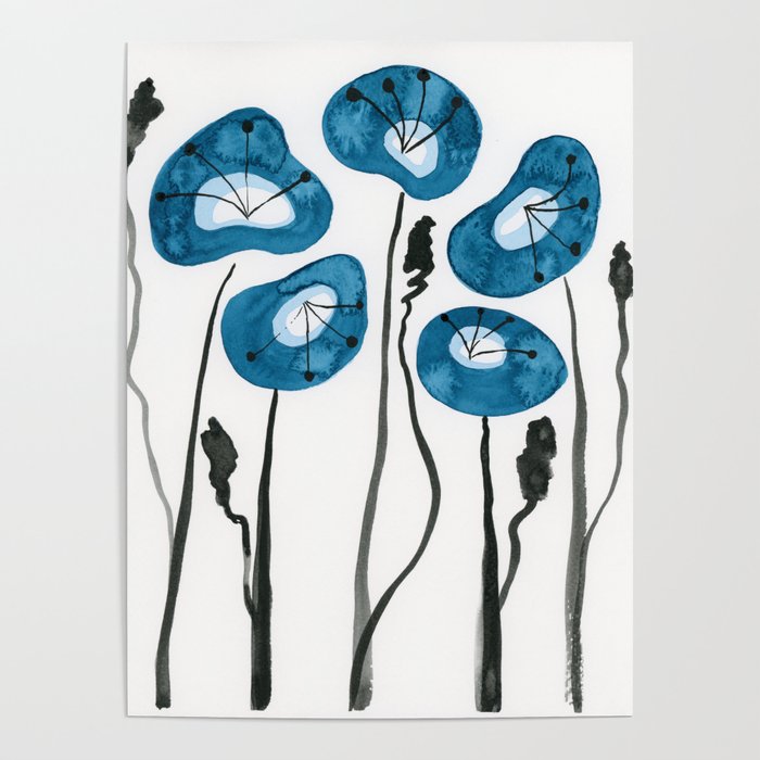 Blue Poppies Watercolor Flowers Poster