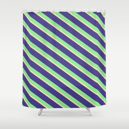 [ Thumbnail: Dark Slate Blue, Light Green & Beige Colored Pattern of Stripes Shower Curtain ]