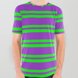 [ Thumbnail: Lime & Dark Orchid Colored Stripes Pattern All Over Graphic Tee ]