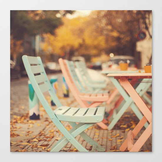 Dream Autumn (Pink and blue coffee shop chairs on retro and vintage fall) Canvas Print