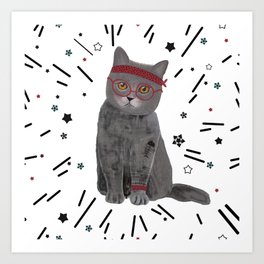 Hand drawn hipster cat with stars pattern Art Print