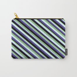 [ Thumbnail: Dark Sea Green, Light Cyan, Dark Slate Blue, and Black Colored Pattern of Stripes Carry-All Pouch ]