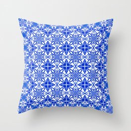 Cheerful Retro Modern Kitchen Tile Layered Pattern Delft Blue Throw Pillow