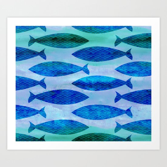 Blue Turquoise GreenWatercolor Fish Pattern Art Print