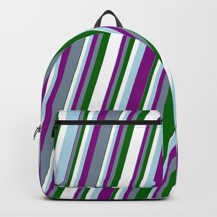 Light Blue, Purple, Light Slate Gray, Dark Green & White Colored Striped Pattern Backpack