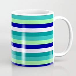 [ Thumbnail: Colorful Light Sea Green, Light Green, Dark Blue, Lavender, and Teal Colored Stripes/Lines Pattern Coffee Mug ]